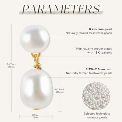 Petite Pearl Drop Earrings for Women - Real Freshwater Cultured Pearls Collection, S925 Sterling Silver Hypoallergenic Posts, 18K Gold Plated Dainty Jewelry - color: White