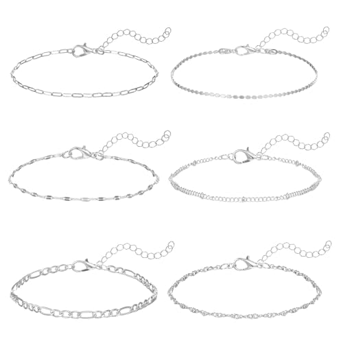 6Pcs Silver Ankle Bracelets 14k Cuban Link Chain Anklets Set | Layered Waterproof Adjustable Dainty Summer Beach Gold Accessories Boho Bracelet Jewelry for Women