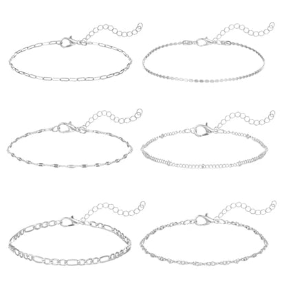 6Pcs Silver Ankle Bracelets 14k Cuban Link Chain Anklets Set | Layered Waterproof Adjustable Dainty Summer Beach Gold Accessories Boho Bracelet Jewelry for Women