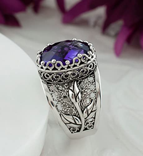 Filigranist 925 Sterling Silver Filigree Art Lace Embroidery Tulip Detailed Gemstone Women Cocktail Ring, Luxurious Gift Boxed - color: Amethyst