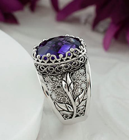 Filigranist 925 Sterling Silver Filigree Art Lace Embroidery Tulip Detailed Gemstone Women Cocktail Ring, Luxurious Gift Boxed - color: Amethyst