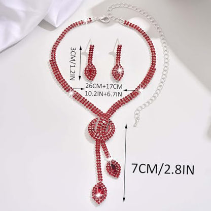 Unicra Silver Rhinestone Bridal Wedding Jewelry Set Crystal Necklace Earrings Sets Formal Prom Costume Jewelry Sets for Women and Brides - color: Red