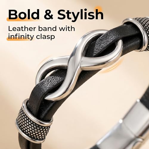 Men's Leather Infinity Bracelet Stainless Steel Number 8 Wristband Cuff Bangle Bracelets Gifts for Men, 8.3 & 9.1 inches - color: 04.Genuine leather & silver infinity, size: 8.3inch(Fits most wrists.)