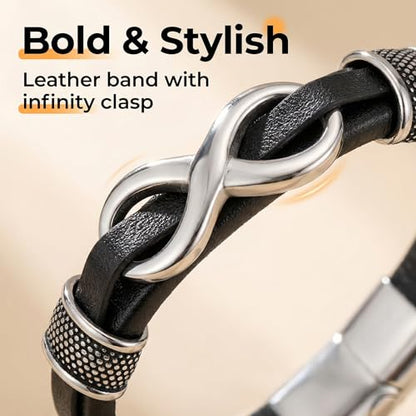 Men's Leather Infinity Bracelet Stainless Steel Number 8 Wristband Cuff Bangle Bracelets Gifts for Men, 8.3 & 9.1 inches - color: 04.Genuine leather & silver infinity, size: 8.3inch(Fits most wrists.)