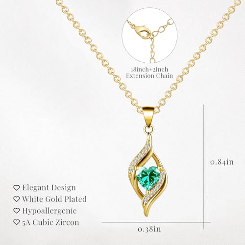 Birthstone Necklace for Women, 14K Gold Plated Heart Cubic Zirconia Pendant, Dainty Birthstone Jewelry Necklace Gifts for Birthday, Valentine’s Day Mother's Day - color: May-Emerald