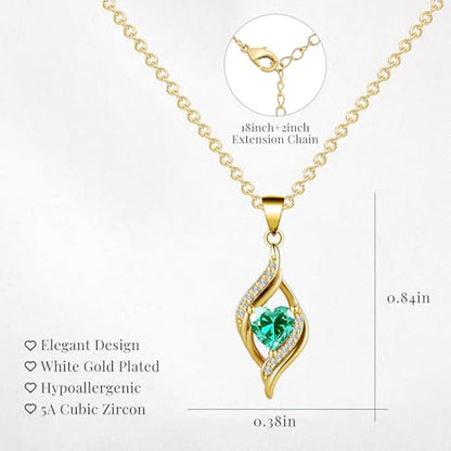 Birthstone Necklace for Women, 14K Gold Plated Heart Cubic Zirconia Pendant, Dainty Birthstone Jewelry Necklace Gifts for Birthday, Valentine’s Day Mother's Day - color: May-Emerald