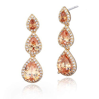 Women's Cubic Zirconia Bridal Earrings - Elegant Long Wedding Party Prom Earring for Bride Bridesmaids Crystal CZ Rhinestone Chandelier Statement Dangle Drop Earrings for Women - color: Champagne