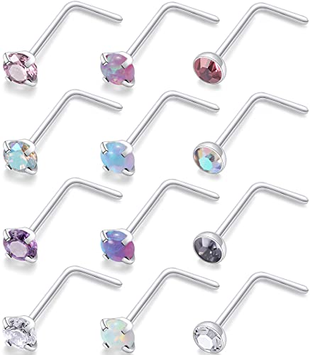 18G 20G 22G Nose Rings Studs 316L Surgical Steel Straight Screw L Shaped Nose Studs for Women Men CZ Opal Size 1.5mm 2mm 2.5mm 3mm - color: 18G-L Shape-Opal/CZ 3mm