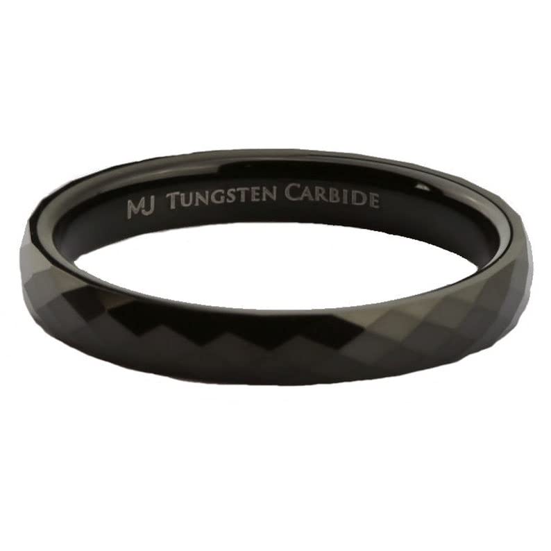 Tungsten Carbide Faceted Honeycomb Wedding Band Plated in Gold, Rose Gold or Black Ring - color: Black-3mm
