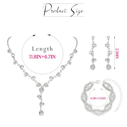 Sixexey Rhinestone Jewelry Set Bridal Necklaces Clip On Earrings Set Wedding Prom Jewelry Accessories for Women - color: Silver