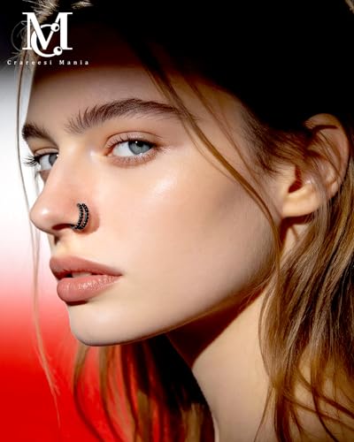 Nose Ring Hoop, 316L Stainless Steel Double Nose Rings, 20G Nose Piercing Jewelry for Women, Clear CZ Helix Cartilage Septum Nose Hoops - color: Black-8mm