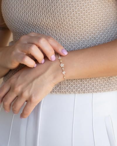 Gold Bracelets for Women Pearl Bracelet 14k Gold/White Gold Plated | Dainty Cubic Zirconia CZ Accented, Bridesmaid Jewelry, Prom Bracelet, Wedding Bracelets for Brides - color: gold-flower leaf