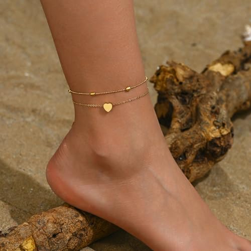 Ankle Bracelets for Women 18K Gold Plated Dainty Layering Anklets for Women Layered Twisted Rope Coin Chain Anklet Bracelets Waterproof Beach Summer Foot Jewelry - color: Layered Bead Heart-Gold