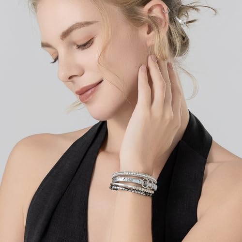 Chunky Boho Leather Wrap Bracelets Cowgirl Beaded Circle Western Jewelry | Stackable Infinity Layered Bohemian Magnetic Clasp Cuff Statement Fashion Colorful Country Hippie Outfits for Women Trendy - color: Snakeskin Silver