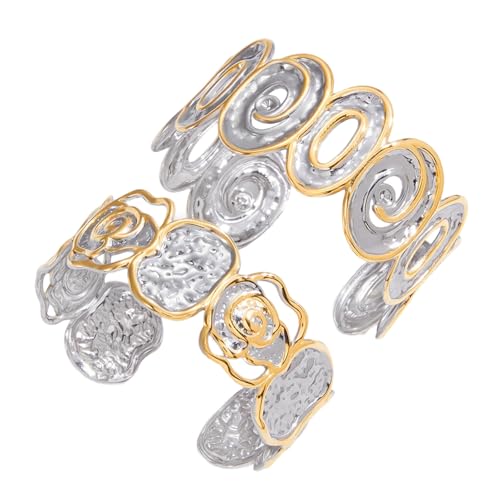 Stylish Two Tone Jewelry Stainless Steel Hammered Bangle Open Cuff Design Twist Cutout Detail Comfortable Wear Twist Openwork Adjustable Wristband - color: A
