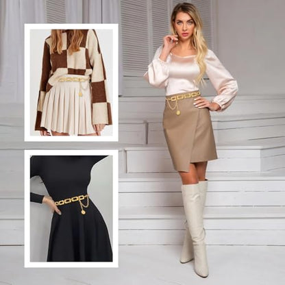 Women's Chain Belt Metal Waist Belt Gold Chain Belts Chunky Belly Link Belts Adjustable Women Long BeltsMultilayer Fashion Belly Jewelry for Women Girls Christmas Dresses Jeans Trousers