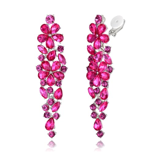 EleQueen Women's Sparkle Statement Clip-On Chandelier Earrings | Marquise Crystals Earrings for Women, Art Deco Prom Jewelry for Wedding Bride Bridesmaid - color: Hot Pink Silver-Tone