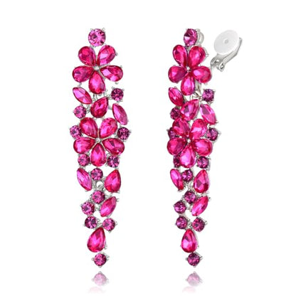 EleQueen Women's Sparkle Statement Clip-On Chandelier Earrings | Marquise Crystals Earrings for Women, Art Deco Prom Jewelry for Wedding Bride Bridesmaid - color: Hot Pink Silver-Tone