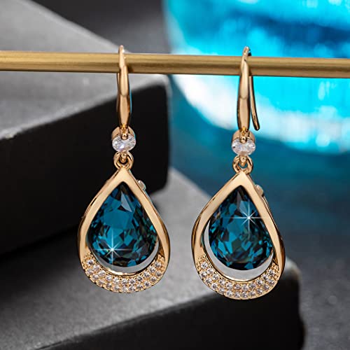Austrian Crystal Halo Teardrop Hollow Drop Dangle Earrings for Women 14K Rose Gold Plated Hypoallergenic Jewelry Gifts - color: Dark Blue