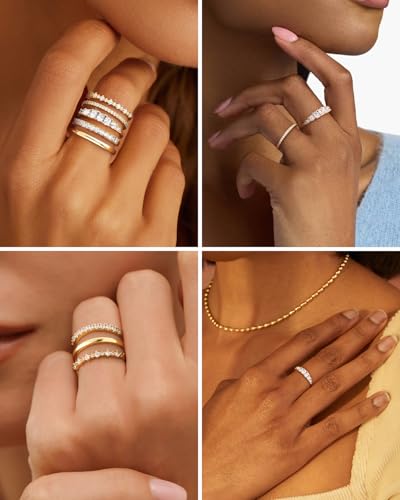 Stackable Silver/Gold Rings for Women Non Tarnish Trendy Dainty 14K Gold Plated Stacking Cubic Zirconia Thumb Ring Set Minimalist Promise Wedding Bands Engagement Rings for Women Size 6-10