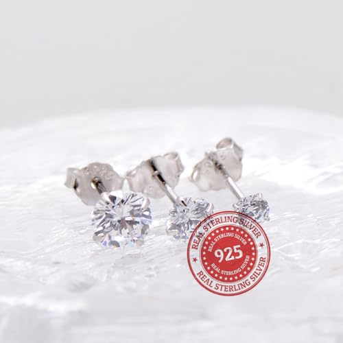 3 Pairs Color Zirconia Earrings Studs, Sterling Silver Studs Earrings Set 3MM 4MM 5MM - color: Colorless