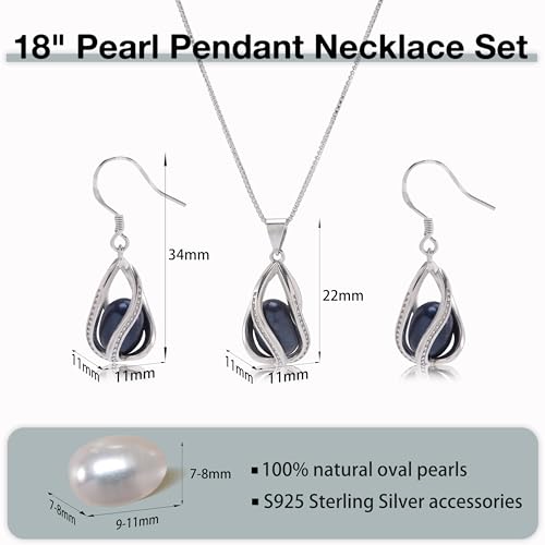 Pearl Jewelry Set For Women S925 Sterling Silver/14K Gold Plated Necklace & Earrings Set Freshwater Pearl Pendant Cage Set for Wedding Anniversary Prom Birthday Gift - color: Silvery-Black