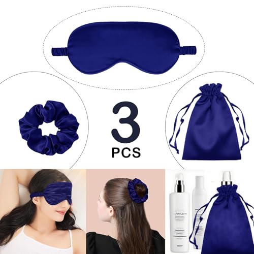 3Pcs Satin Eye Mask Silk Sleep Masks Set Silky Blindfold Eyeshade Blackout Eyes Cover Pouches Bag Scrunchy Wedding Gift - color: Royal Blue