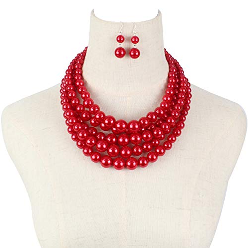 KOSMOS-LI Large Multi Layer Faux Pearl Strand Costume Jewelry Sets For Women Stocking Stuffers - color: red