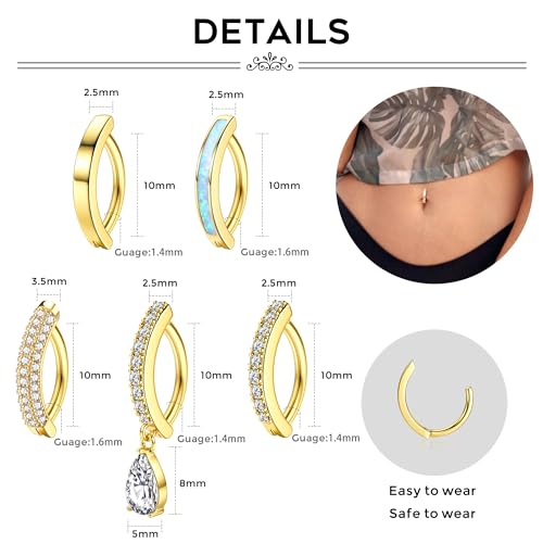 FIASASO 5Pcs Belly Button Ring for Women 14G Short Navel Rings Silver Clicker Belly Piercing Pack Simple Dangle Cute CZ Belly Small Hypoallergenic Belly Button Ring Reverse Piercings Jewelry - color: 14K Gold Plated