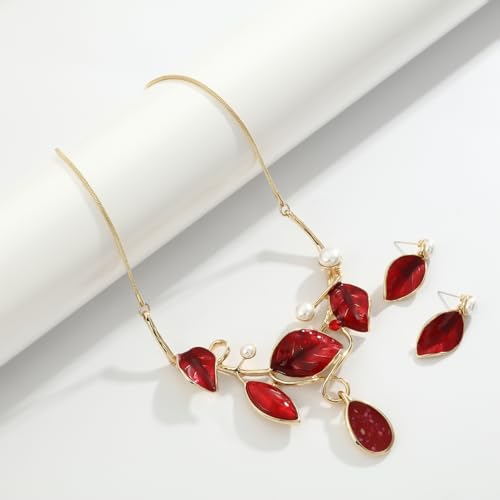 Vintage Statement Jewelry Set - Chunky Flower Floral Plant Geometric Resin Bib Necklace Earring Set Bohemian Boho Crystal Rhinestone Fashion Jewelry for Women Bridal Party Prom Unique Gift - style: MLJS2609-Red