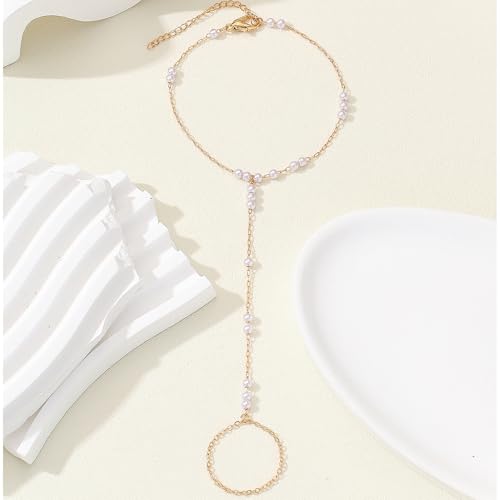 AceFun 1PC Gold Hand Chain Bracelet for Women Rhinestones Crown Pearls Beads Finger Ring Bracelets Trendy Dainty Simple Waterproof Bracelet Fashion Body Jewelry for Ladies - color: Pearls