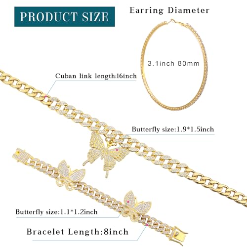 3 Pcs Butterfly Cuban Jewelry Set Cuban Link Chain Necklace for Women Rhinestone Pendant Necklace Bracelet Large Hoop - color: Bright Gold, style: Classic