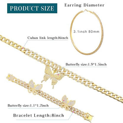 3 Pcs Butterfly Cuban Jewelry Set Cuban Link Chain Necklace for Women Rhinestone Pendant Necklace Bracelet Large Hoop - color: Bright Gold, style: Classic