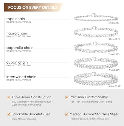 VNOX 5/7 Pcs Chain Bracelet for Men Women - Sturdy Stainless Steel Curb Width Cuban Link Chain Bracelet Set for Men Women,6.5/7/7.4/8.2/9 Inches - style: Silvering Link 1
