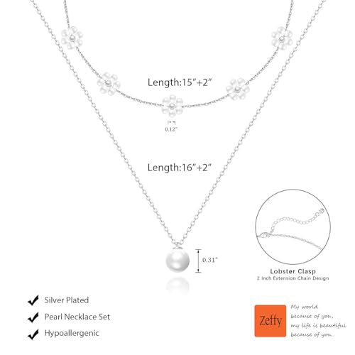 Zeffy Gold Pearl Necklace for Women, Dainty 14K Gold/Silve Plated Layered Pearl Choker Pearl Earrings Pearl Bracelets Wedding Trendy Gold Jewelry Set for Women Gifts - style: Silver Pearl Daisy Necklace-2PCS
