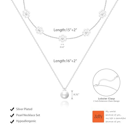 Zeffy Gold Pearl Necklace for Women, Dainty 14K Gold/Silve Plated Layered Pearl Choker Pearl Earrings Pearl Bracelets Wedding Trendy Gold Jewelry Set for Women Gifts - style: Silver Pearl Daisy Necklace-2PCS