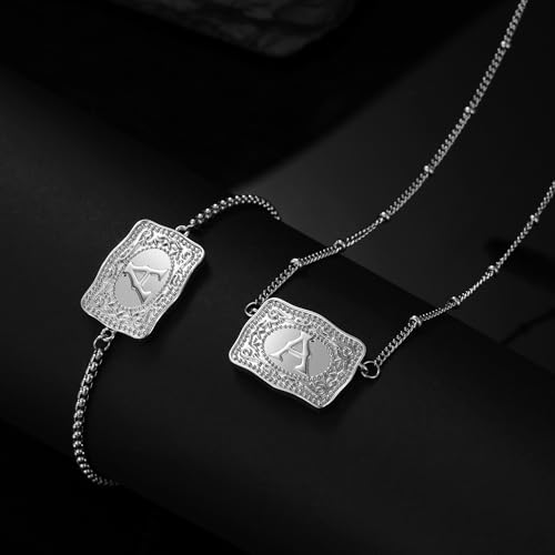 2 Pcs Belt Buckle Initial Necklace Bracelet Jewelry Set for Women, 18K Gold/Silver Plated Belt Buckle Initial A-Z Necklace Bracelet Set Unique Western Style Jewelry Gifts - style: T