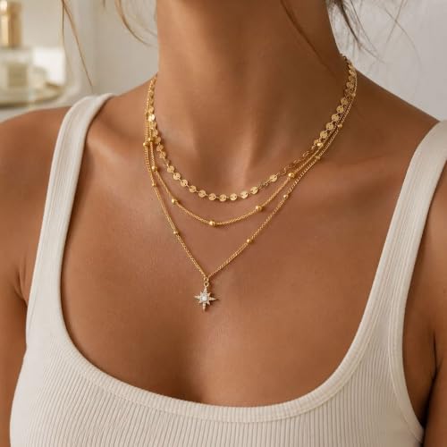 Ewrkbr Layered Necklaces for Women, Dainty Gold Necklace Stack 14k Gold Plated Layering Beaded Chain Choker Necklaces for Women Trendy Simple Disc Star Pendant Necklace Set Fashion Waterproof Jewelry - color: Gold-PP+Sun