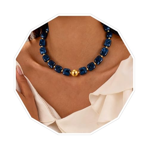 VIBILIA Boho Beaded Chunky Statement Necklace for Women Y2K Summer Jewelry | Boho Handmade Large Resin Bead Strand, Trendy Statement Summer Vacation Holiday Jewelry - color: Square-Navy blue