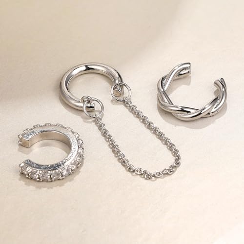 3Pcs Ear Cuffs Non Piercings for Women, Trendy Cubic Zirconia Gold Silver Clip On Cuff Earrings Set Jewelry Dainty Fake Cartilage Earring - color: Silver Chain
