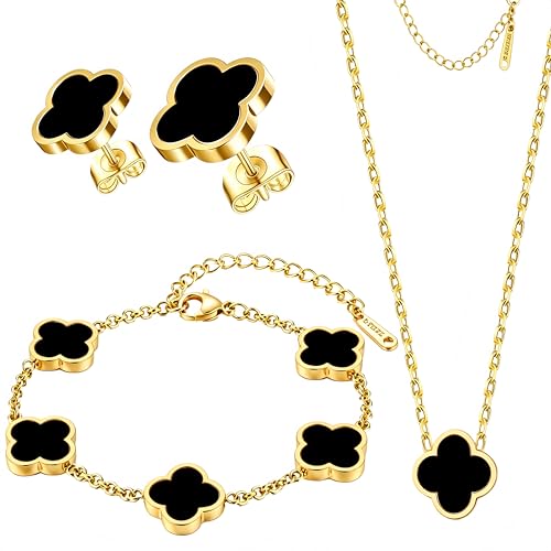 Clover Jewelry Set 3 PC - 18K Gold Plated Stainless Steel Y Necklace Four Leaf Pendant, Clover Bracelet Charm, 4leaf Earrings, Hypoallergenic Non-Tarnish, Lucky Jewelry Gifts for Women Mom - color: Black/Gold