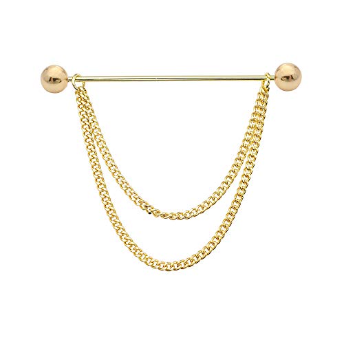 Men's Gold Plated Brass Collar Bar with Double Hanging Chain Tassel Shirt Tie Bar Collar Brooch - color: Gold Ball Head