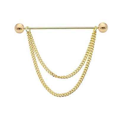 Men's Gold Plated Brass Collar Bar with Double Hanging Chain Tassel Shirt Tie Bar Collar Brooch - color: Gold Ball Head