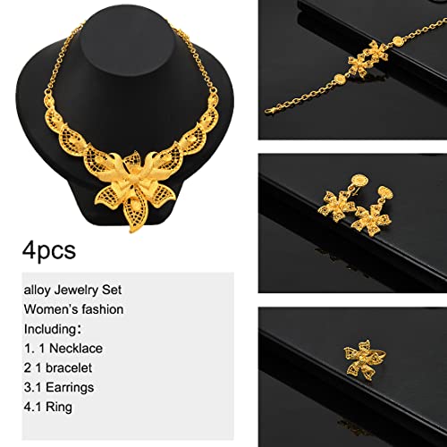 indian Women Jewelry Necklace Set african Dubai Bride Wedding Prom Fashion Jewelry 24K Gold Plated Necklace Bangles Rings Earrings - color: S-58