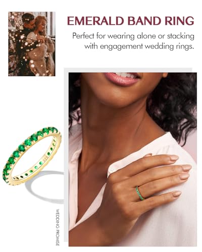 DAYBYDAY Sapphire/Emerald/Ruby Full Eternity Band Rings for Women, 2.4mm Thin Birthstone Stackable Rings, 925 Sterling Silver/14K Gold Plated Gemstone Wedding Band Anniversary Ring Size 6 to 10 - color: 05. Green Emerald, May, Gold Plated