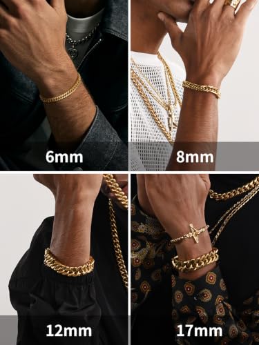 ChainsHouse Stainless Steel Cuban Link Bracelet, 6mm/8mm/12mm/17mm Width, 7.5"/8.3"/9", Black/ 18K Gold Plated Chain Wrist Bracelets for Men Women, Send Gift Box - color: M: Gold-6mm width