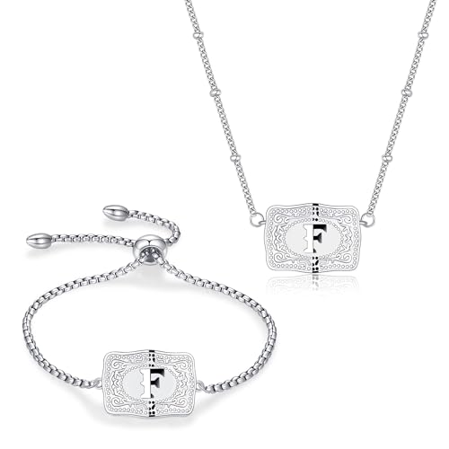 2 Pcs Belt Buckle Initial Necklace Bracelet Jewelry Set for Women, 18K Gold/Silver Plated Belt Buckle Initial A-Z Necklace Bracelet Set Unique Western Style Jewelry Gifts - style: F