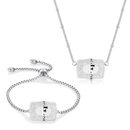2 Pcs Belt Buckle Initial Necklace Bracelet Jewelry Set for Women, 18K Gold/Silver Plated Belt Buckle Initial A-Z Necklace Bracelet Set Unique Western Style Jewelry Gifts - style: F
