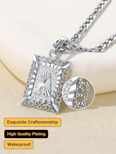 U7 Initial Letter Necklace for Men Women, 14K Gold/Silver Plated Square Capital Monogram Pendant Necklace from A-Z with 22+2 Inch Figaro Chain, Personalized Jewelry for Him - color: Silver, style: AA