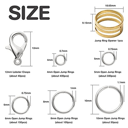 Handyman Crafts Jump Rings Kit With1000PCS Open Jump Rings 40PCS 12mm Lobster Clasps and Jump Rings Opener for Jewelry Making Keychains and Necklace Repair (Sliver) - color: Sliver